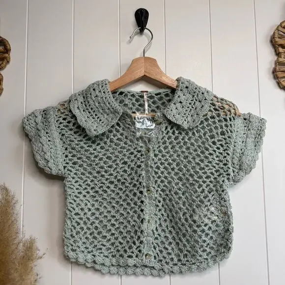 Free People crochet top collard button-front knit cotton XS boho preppy - Picture 3 of 8